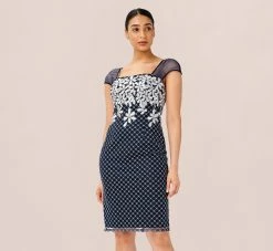 Adrianna Papell Floral Lattice Embroidered Short Sheath Dress In Navy Ivory