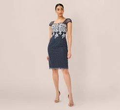 Adrianna Papell Floral Lattice Embroidered Short Sheath Dress In Navy Ivory -Adrianna Papell Shop AP1D104398 BH980 Regular Side