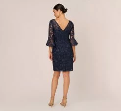 Adrianna Papell Bell Sleeve Rose Embroidered Sheath Dress In Midnight -Adrianna Papell Shop AP1D104437 AB411 Regular Back