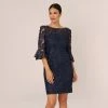 Adrianna Papell Bell Sleeve Rose Embroidered Sheath Dress In Midnight