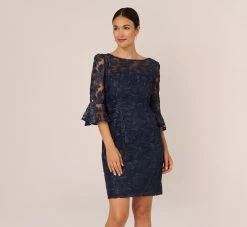 Adrianna Papell Bell Sleeve Rose Embroidered Sheath Dress In Midnight