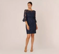 Adrianna Papell Bell Sleeve Rose Embroidered Sheath Dress In Midnight -Adrianna Papell Shop AP1D104437 AB411 Regular Front