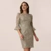 Adrianna Papell Bell Sleeve Rose Embroidered Sheath Dress In Marble