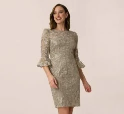Adrianna Papell Bell Sleeve Rose Embroidered Sheath Dress In Marble