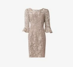 Adrianna Papell Bell Sleeve Rose Embroidered Sheath Dress In Marble -Adrianna Papell Shop AP1D104437 AE064 Regular Flat