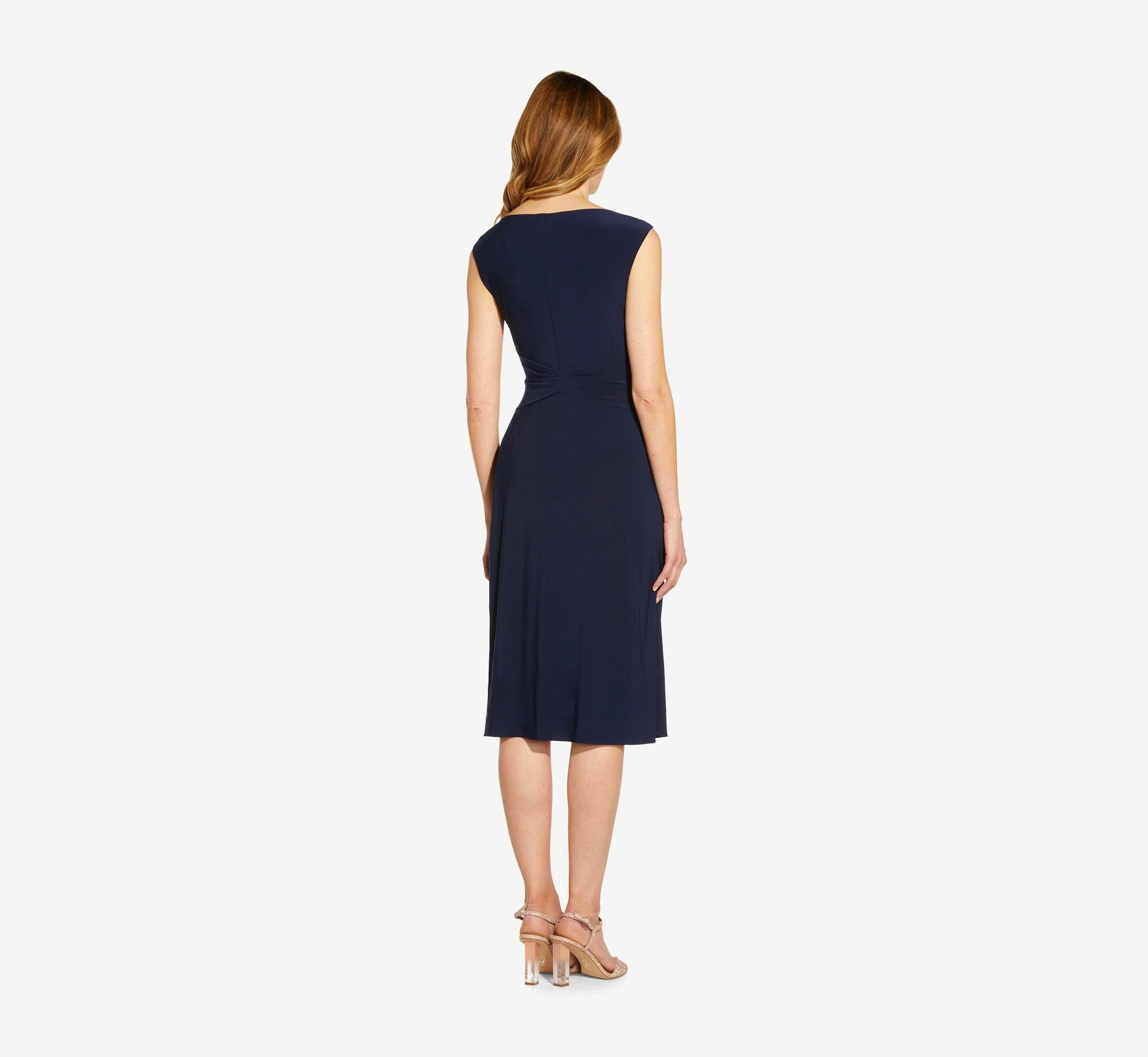 Adrianna Papell Asymmetrical Draped Midi Dress In Midnight 2 Adrianna Papell Asymmetrical Draped Midi Dress In Midnight - Image 2