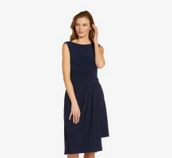 Adrianna Papell Asymmetrical Draped Midi Dress In Midnight