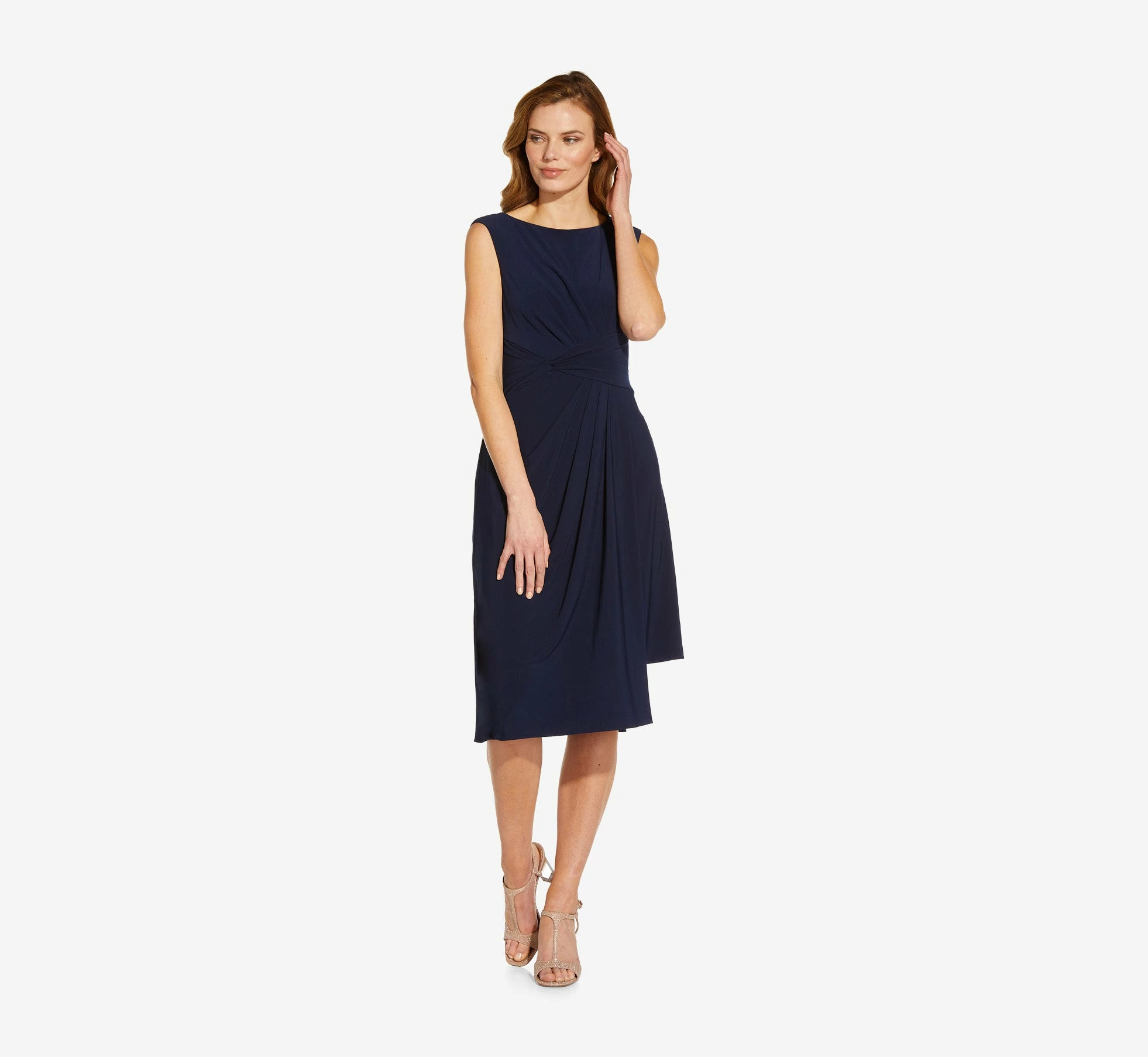 Adrianna Papell Asymmetrical Draped Midi Dress In Midnight 4 Adrianna Papell Asymmetrical Draped Midi Dress In Midnight - Image 4