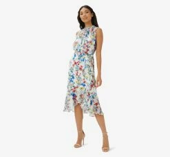 Adrianna Papell Printed Floral Midi Dress In Ivory Coral Multi -Adrianna Papell Shop AP1D104493 AE194 Regular Side