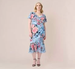 Adrianna Papell Plus Size Floral Faux Wrap Dress In Blue Multi