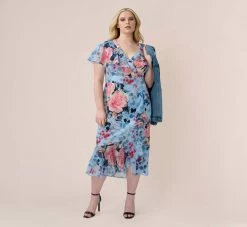Adrianna Papell Plus Size Floral Faux Wrap Dress In Blue Multi -Adrianna Papell Shop AP1D104503 AA461 Plus Jacket