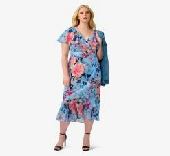 Adrianna Papell Plus Size Floral Faux Wrap Dress In Blue Multi -Adrianna Papell Shop AP1D104503 AA461 Plus Lifestyle