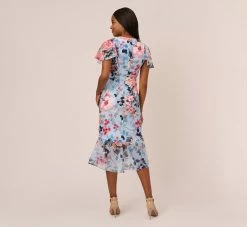 Adrianna Papell Floral Faux Wrap Dress In Blue Multi -Adrianna Papell Shop AP1D104503 AA461 Regular Back
