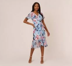 Adrianna Papell Floral Faux Wrap Dress In Blue Multi