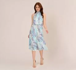 Adrianna Papell Floral Mock Neck Midi Dress In Light Blue Multi