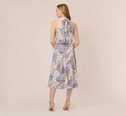 Adrianna Papell Floral Mock Neck Midi Dress In Dusty Blue Multi -Adrianna Papell Shop AP1D104505 CJ980 Regular Back