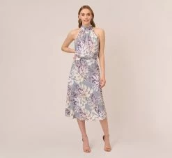 Adrianna Papell Floral Mock Neck Midi Dress In Dusty Blue Multi