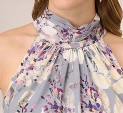 Adrianna Papell Floral Mock Neck Midi Dress In Dusty Blue Multi -Adrianna Papell Shop AP1D104505 CJ980 Regular Detail