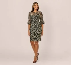 Adrianna Papell Metallic Embroidered Sheath Dress In Black Gold