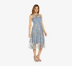Adrianna Papell Floral Embroidered Flared Dress In Blue Multi -Adrianna Papell Shop AP1D104513 AA461 Regular Alternate