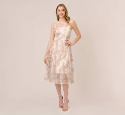 Adrianna Papell Floral Embroidered Flared Dress In Pink Multi