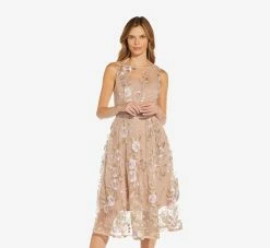 Adrianna Papell Floral Embroidered Flared Dress In Blush Multi