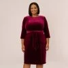 Adrianna Papell Plus Size Velvet Tie Front Midi Dress With Three Quarter Sleeves In Burgundy