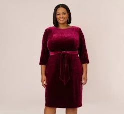 Adrianna Papell Plus Size Velvet Tie Front Midi Dress With Three Quarter Sleeves In Burgundy