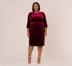 Adrianna Papell Plus Size Velvet Tie Front Midi Dress With Three Quarter Sleeves In Burgundy 10 Adrianna Papell Plus Size Velvet Tie Front Midi Dress With Three Quarter Sleeves In Burgundy -Adrianna Papell Shop AP1D104591 AC506 Plus Front