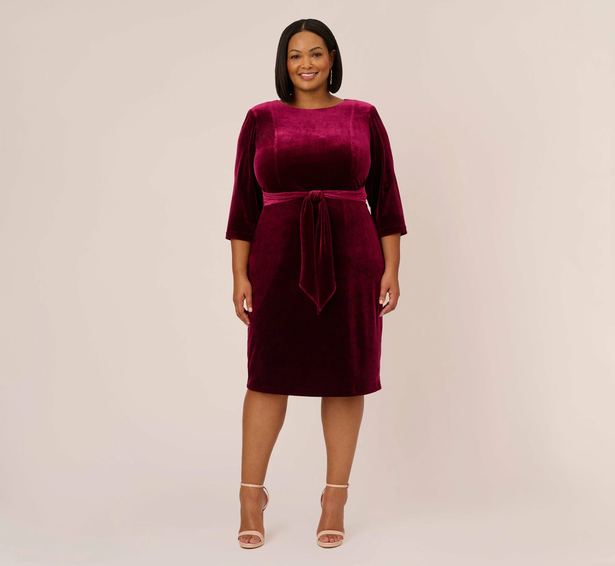 Adrianna Papell Plus Size Velvet Tie Front Midi Dress With Three Quarter Sleeves In Burgundy 4 Adrianna Papell Plus Size Velvet Tie Front Midi Dress With Three Quarter Sleeves In Burgundy - Image 4