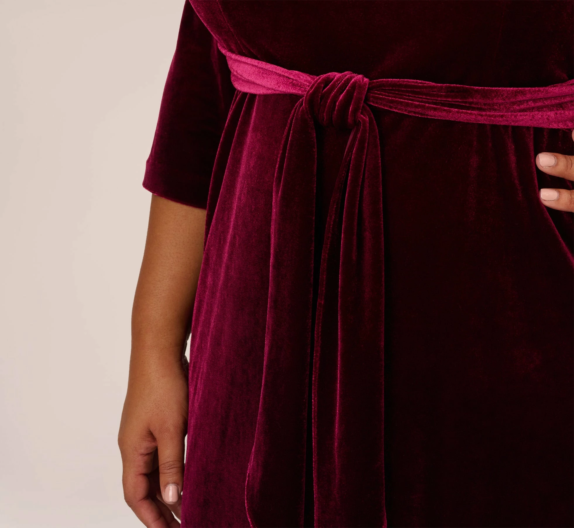 Adrianna Papell Plus Size Velvet Tie Front Midi Dress With Three Quarter Sleeves In Burgundy 5 Adrianna Papell Plus Size Velvet Tie Front Midi Dress With Three Quarter Sleeves In Burgundy - Image 5