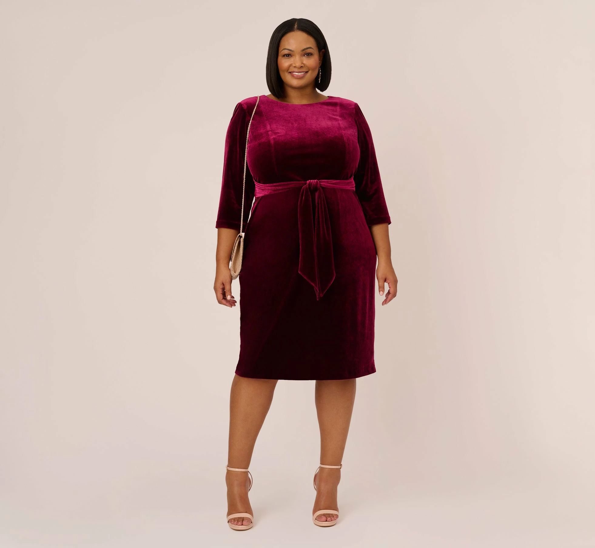 Adrianna Papell Plus Size Velvet Tie Front Midi Dress With Three Quarter Sleeves In Burgundy 2 Adrianna Papell Plus Size Velvet Tie Front Midi Dress With Three Quarter Sleeves In Burgundy - Image 2