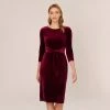 Adrianna Papell Velvet Tie Front Midi Dress With Three Quarter Sleeves In Burgundy