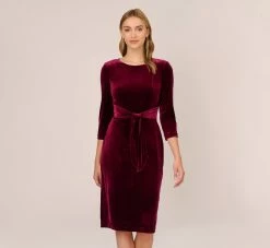 Adrianna Papell Velvet Tie Front Midi Dress With Three Quarter Sleeves In Burgundy
