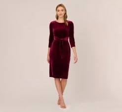 Adrianna Papell Velvet Tie Front Midi Dress With Three Quarter Sleeves In Burgundy -Adrianna Papell Shop AP1D104591 AC506 Regular Front