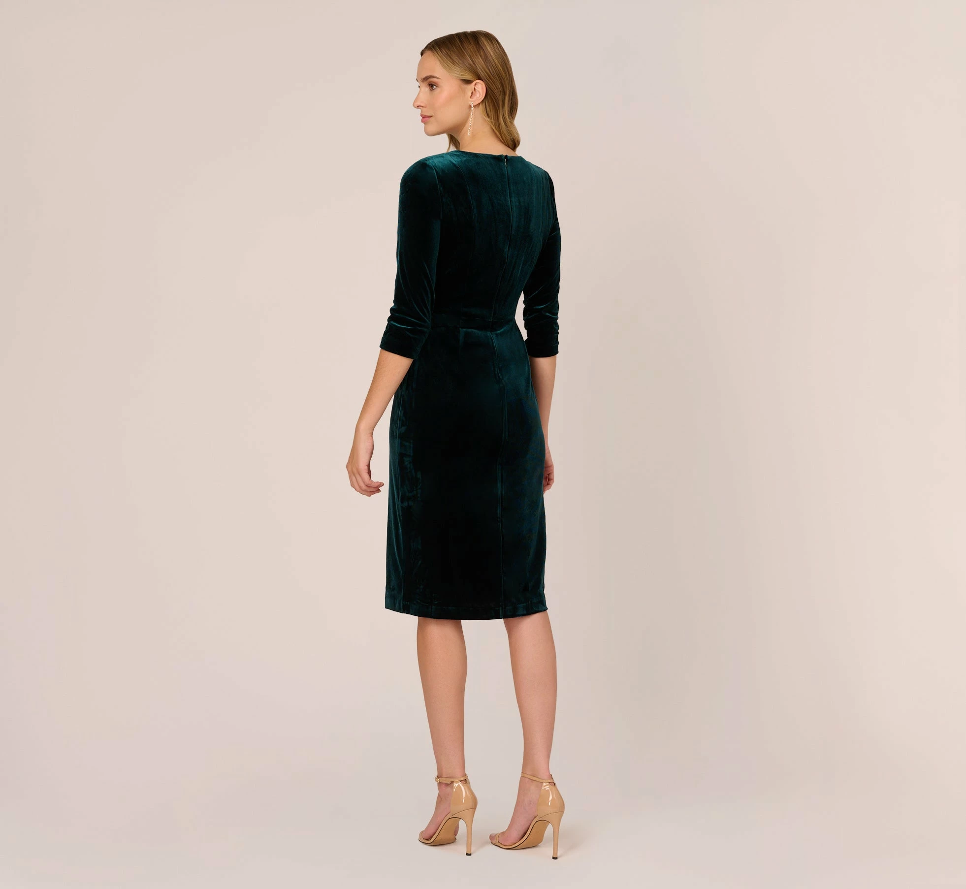 Adrianna Papell Velvet Tie Front Midi Dress With Three Quarter Sleeves In Hunter 6 Adrianna Papell Velvet Tie Front Midi Dress With Three Quarter Sleeves In Hunter - Image 6