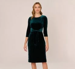 Adrianna Papell Velvet Tie Front Midi Dress With Three Quarter Sleeves In Hunter