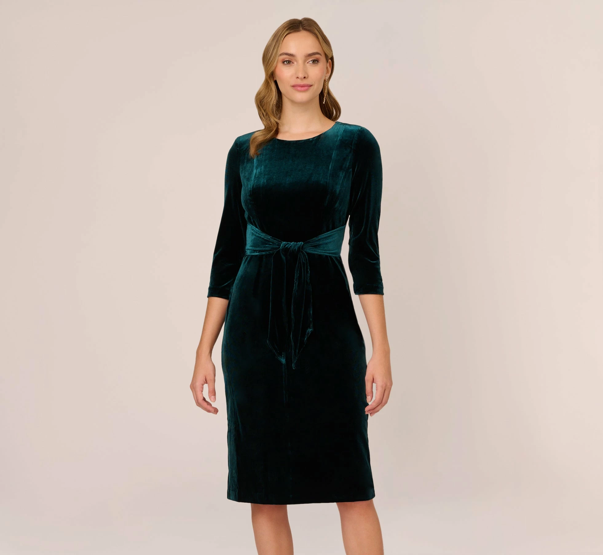 Adrianna Papell Velvet Tie Front Midi Dress With Three Quarter Sleeves In Hunter 1 Adrianna Papell Velvet Tie Front Midi Dress With Three Quarter Sleeves In Hunter
