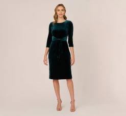 Adrianna Papell Velvet Tie Front Midi Dress With Three Quarter Sleeves In Hunter 14 Adrianna Papell Velvet Tie Front Midi Dress With Three Quarter Sleeves In Hunter -Adrianna Papell Shop AP1D104591 AE303 Regular Front