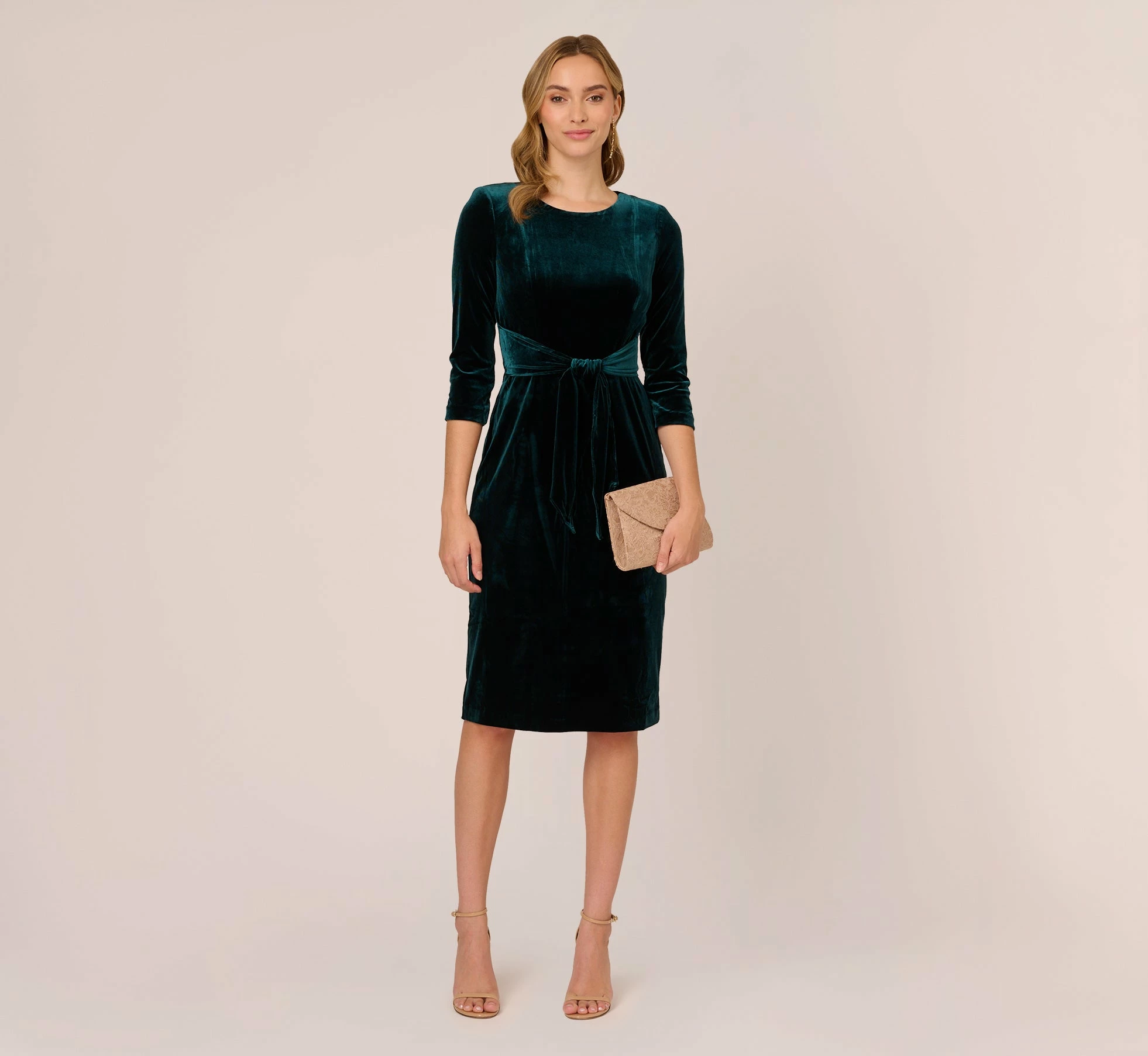 Adrianna Papell Velvet Tie Front Midi Dress With Three Quarter Sleeves In Hunter 2 Adrianna Papell Velvet Tie Front Midi Dress With Three Quarter Sleeves In Hunter - Image 2