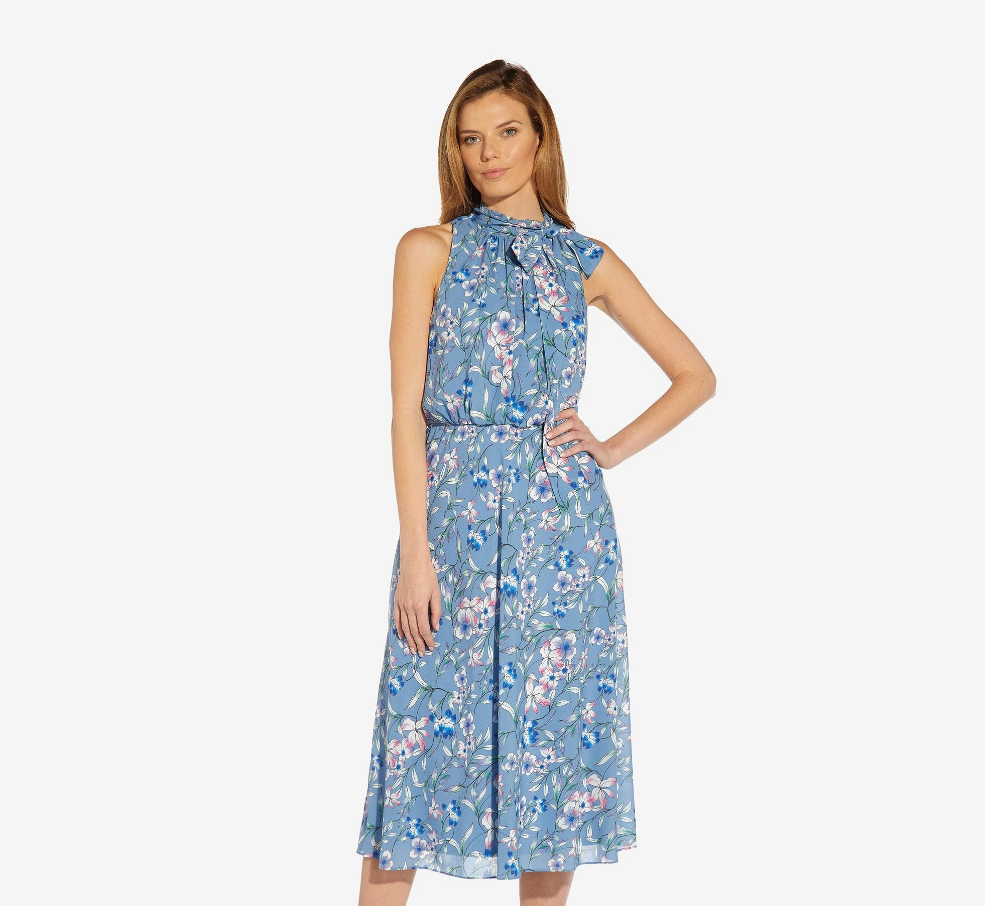 Adrianna Papell Floral-Print Tie-Neck Midi-Length Chiffon Halter Dress In Blue Multi 1 Adrianna Papell Floral-Print Tie-Neck Midi-Length Chiffon Halter Dress In Blue Multi