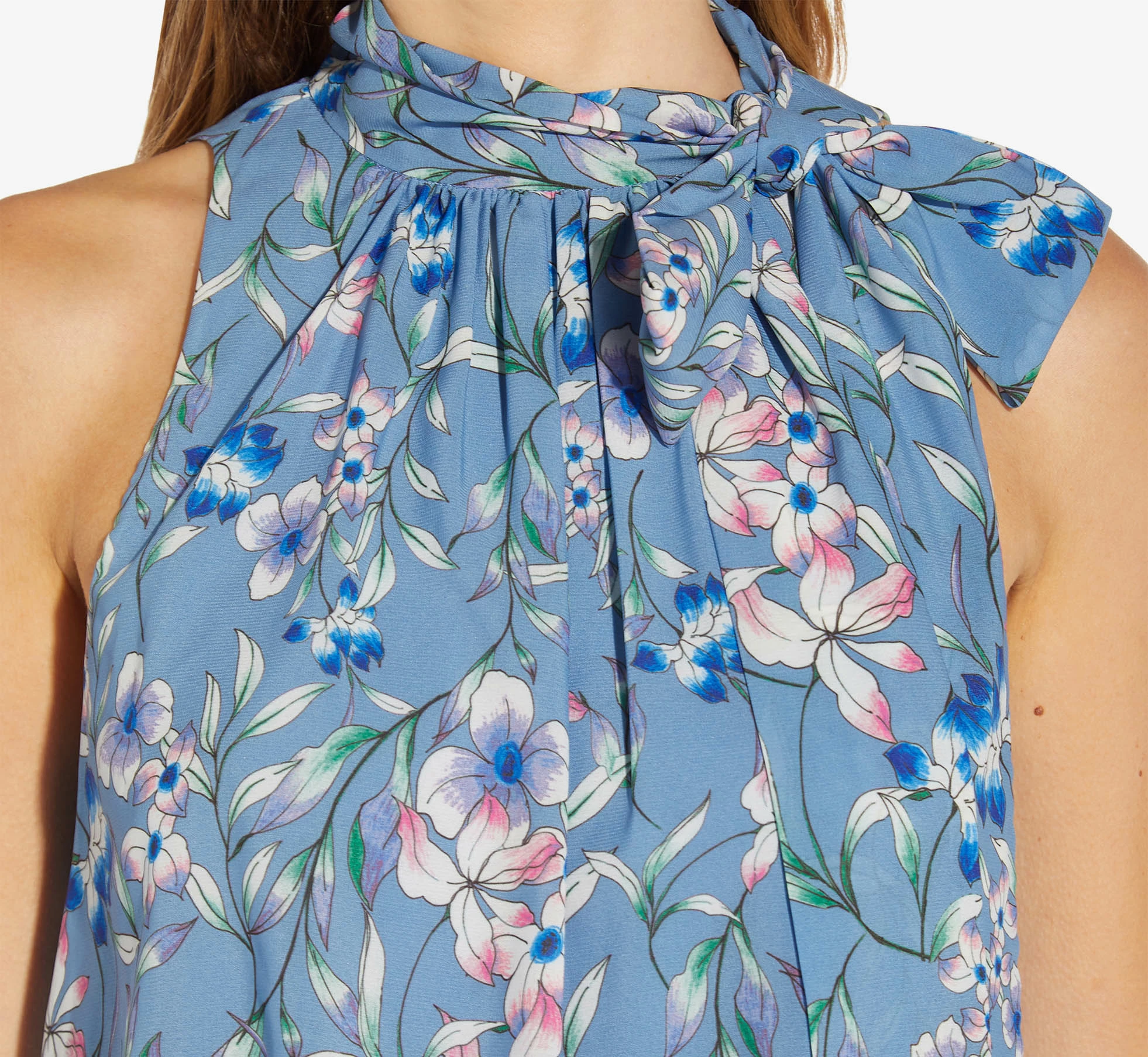 Adrianna Papell Floral-Print Tie-Neck Midi-Length Chiffon Halter Dress In Blue Multi 6 Adrianna Papell Floral-Print Tie-Neck Midi-Length Chiffon Halter Dress In Blue Multi - Image 6