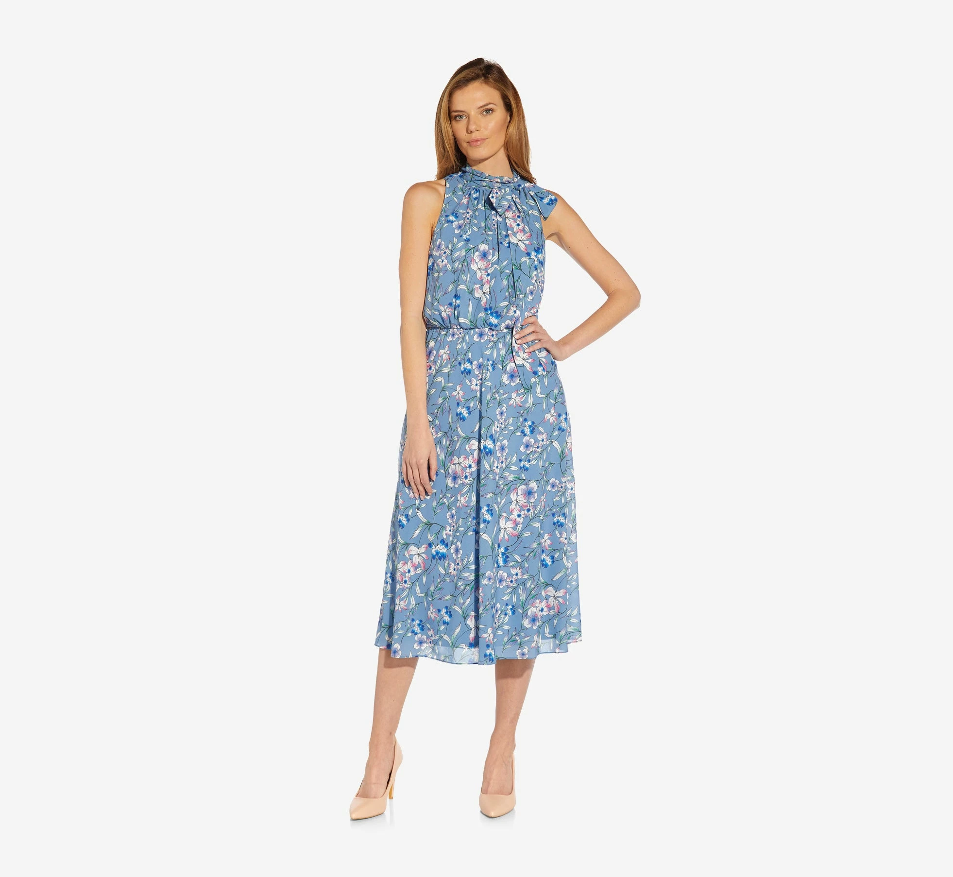 Adrianna Papell Floral-Print Tie-Neck Midi-Length Chiffon Halter Dress In Blue Multi 4 Adrianna Papell Floral-Print Tie-Neck Midi-Length Chiffon Halter Dress In Blue Multi - Image 4