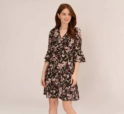 Adrianna Papell Floral-Print Fit-And-Flare Chiffon Short Dress In Black Multi