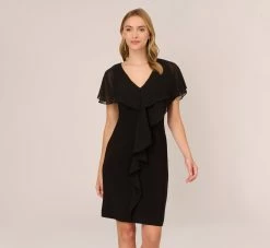 Adrianna Papell Jersey And Chiffon Midi Length Ruffled Sheath Dress In Black