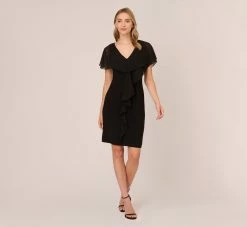 Adrianna Papell Jersey And Chiffon Midi Length Ruffled Sheath Dress In Black -Adrianna Papell Shop AP1D104623 AA002 Regular Front