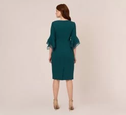 Adrianna Papell Knit Crepe Sheath Dress With Tiered Three Quarter Sleeves In Hunter -Adrianna Papell Shop AP1D104631 AE303 Regular Back