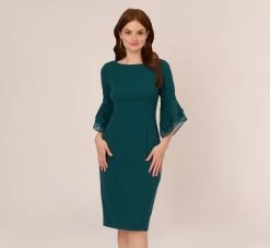 Adrianna Papell Knit Crepe Sheath Dress With Tiered Three Quarter Sleeves In Hunter