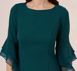 Adrianna Papell Knit Crepe Sheath Dress With Tiered Three Quarter Sleeves In Hunter -Adrianna Papell Shop AP1D104631 AE303 Regular Detail