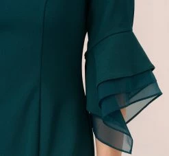 Adrianna Papell Knit Crepe Sheath Dress With Tiered Three Quarter Sleeves In Hunter -Adrianna Papell Shop AP1D104631 AE303 Regular Lifestyle